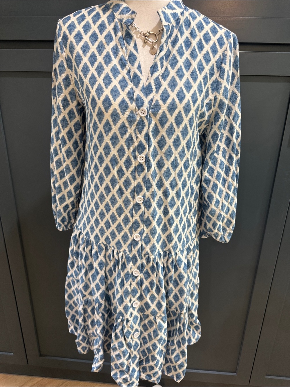 Blue and White Ikat Button-Front Women's SM Spring and Summer Dress - Flowy